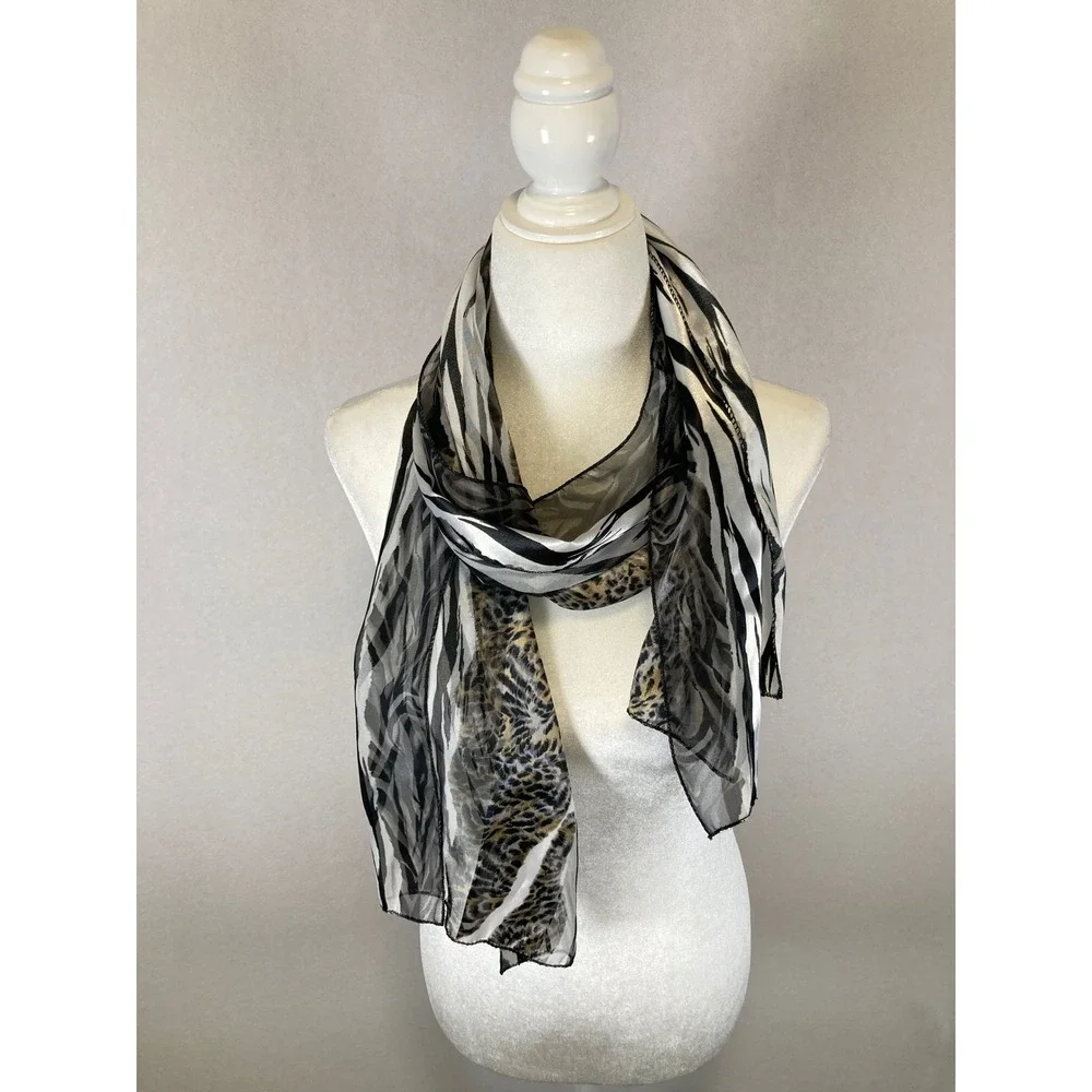 Safari Chic Women OS Black Tan‎ Animal Print Mixed Zebra Leopard Scarf
